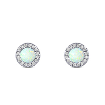 Halo Art Deco Stud Earring Round Simulated Cubic Zirconia Created White Opal Solid 925 Sterling Silver (8.2mm)